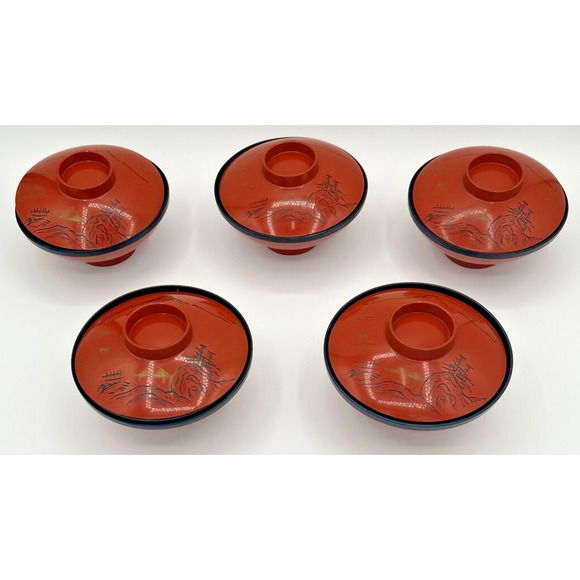 Set of 5 Vintage Japanese Rice Bowls Orange Hand-Painted Design SKU U133